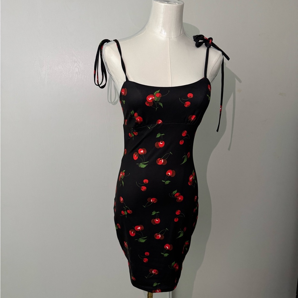 Black Dress with Cherry Print Shein